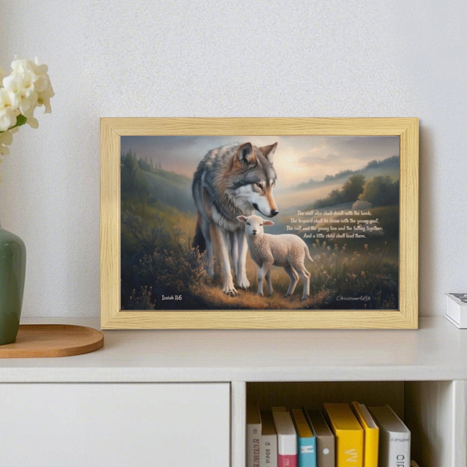 Framed - Wolf and Lamb with Isaiah 11:6 Quote, Christian Canvas, Wooden Frame