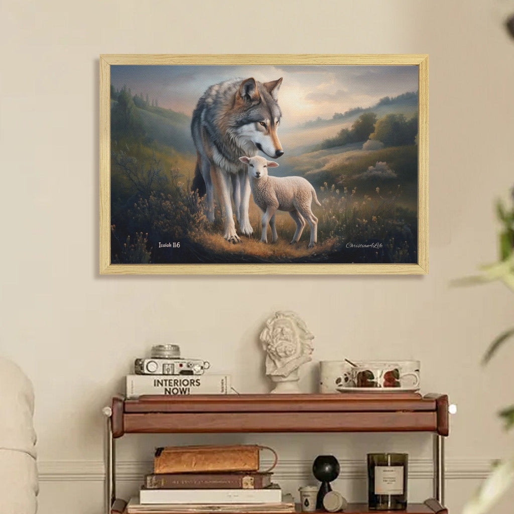 Framed - Wolf and Lamb Christian Canvas, Wooden Frame