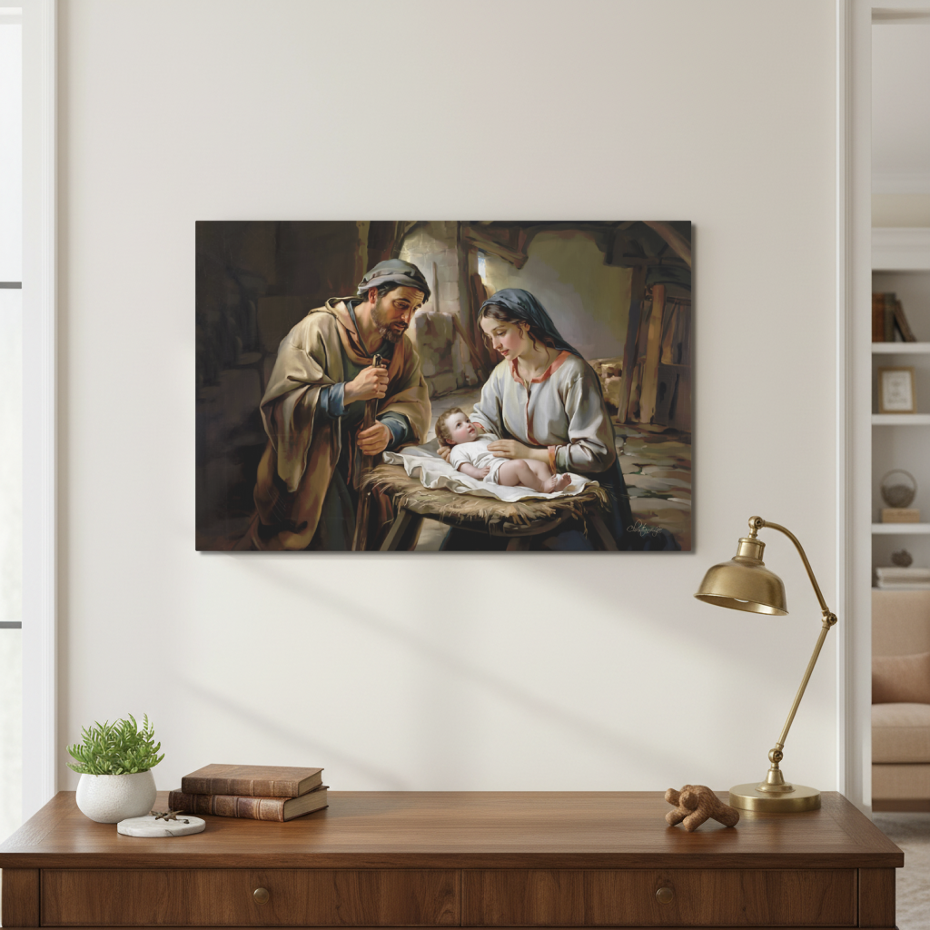The Nativity scene of Baby Jesus, Mary and Joseph in a stable - Christian Art Canvas