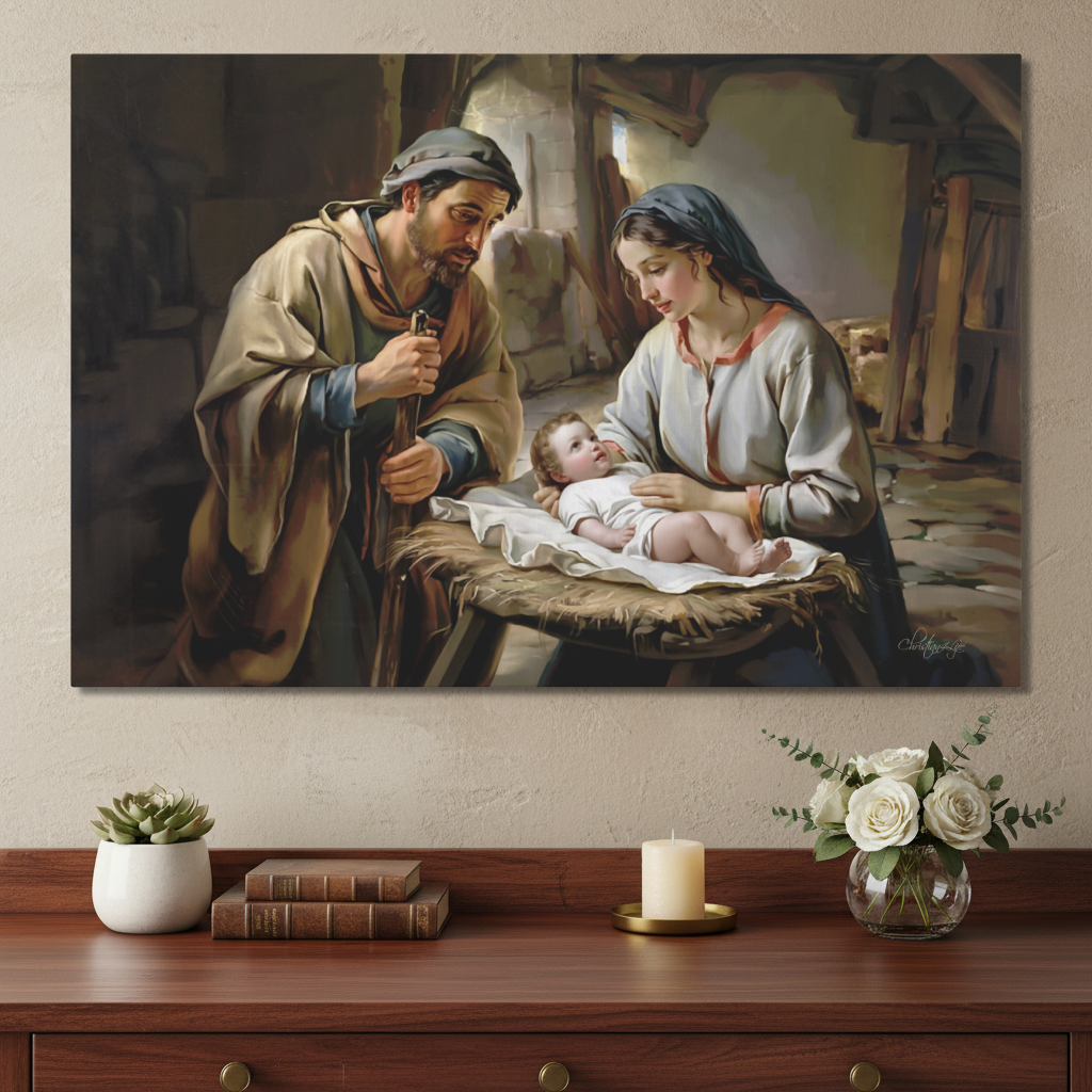 The Nativity scene of Baby Jesus, Mary and Joseph in a stable - Christian Art Canvas