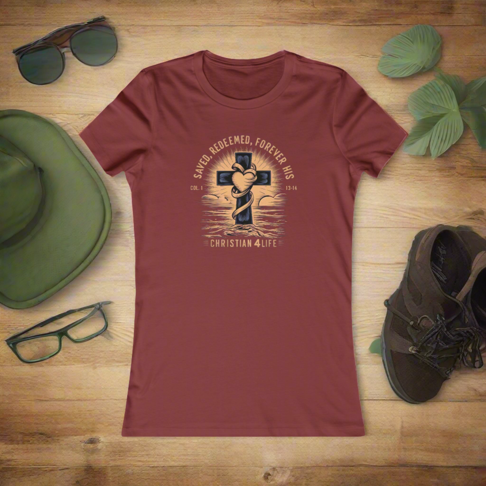 Women's "Saved, Redeemed, Forever His" inspirational Christian t-shirt
