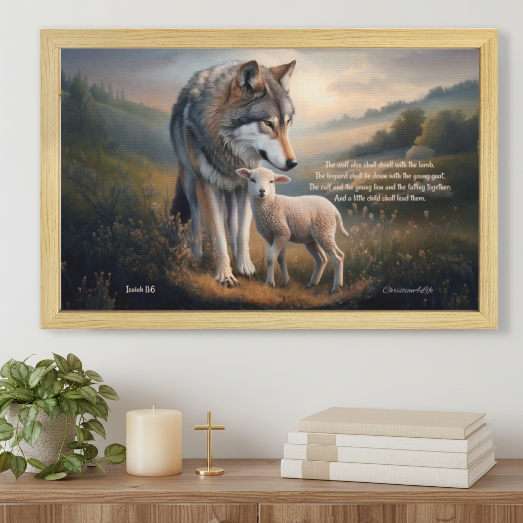 Framed - Wolf and Lamb with Isaiah 11:6 Quote, Christian Canvas, Wooden Frame