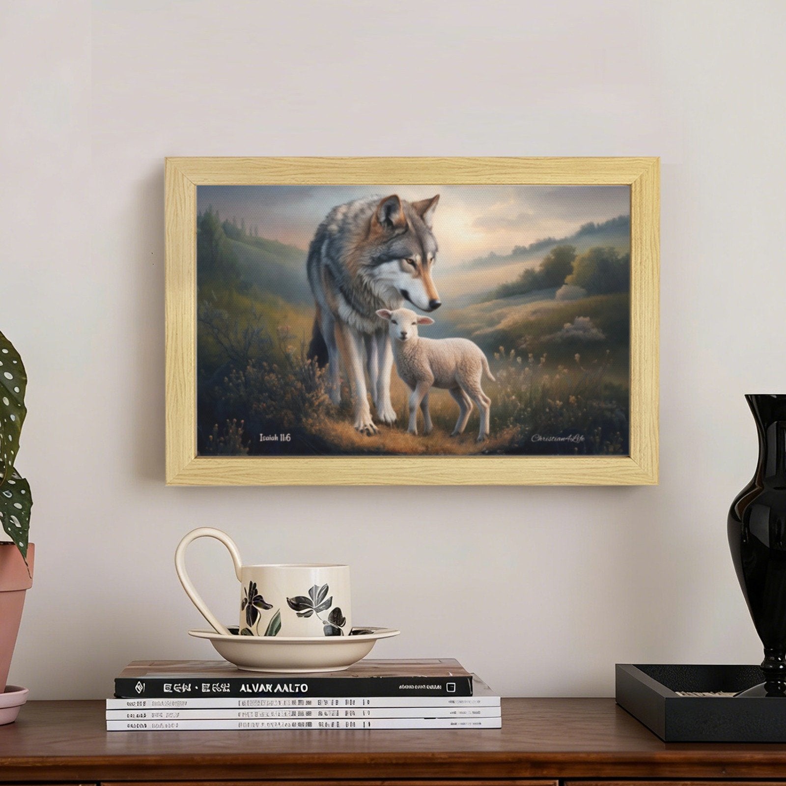 Framed - Wolf and Lamb Christian Canvas, Wooden Frame
