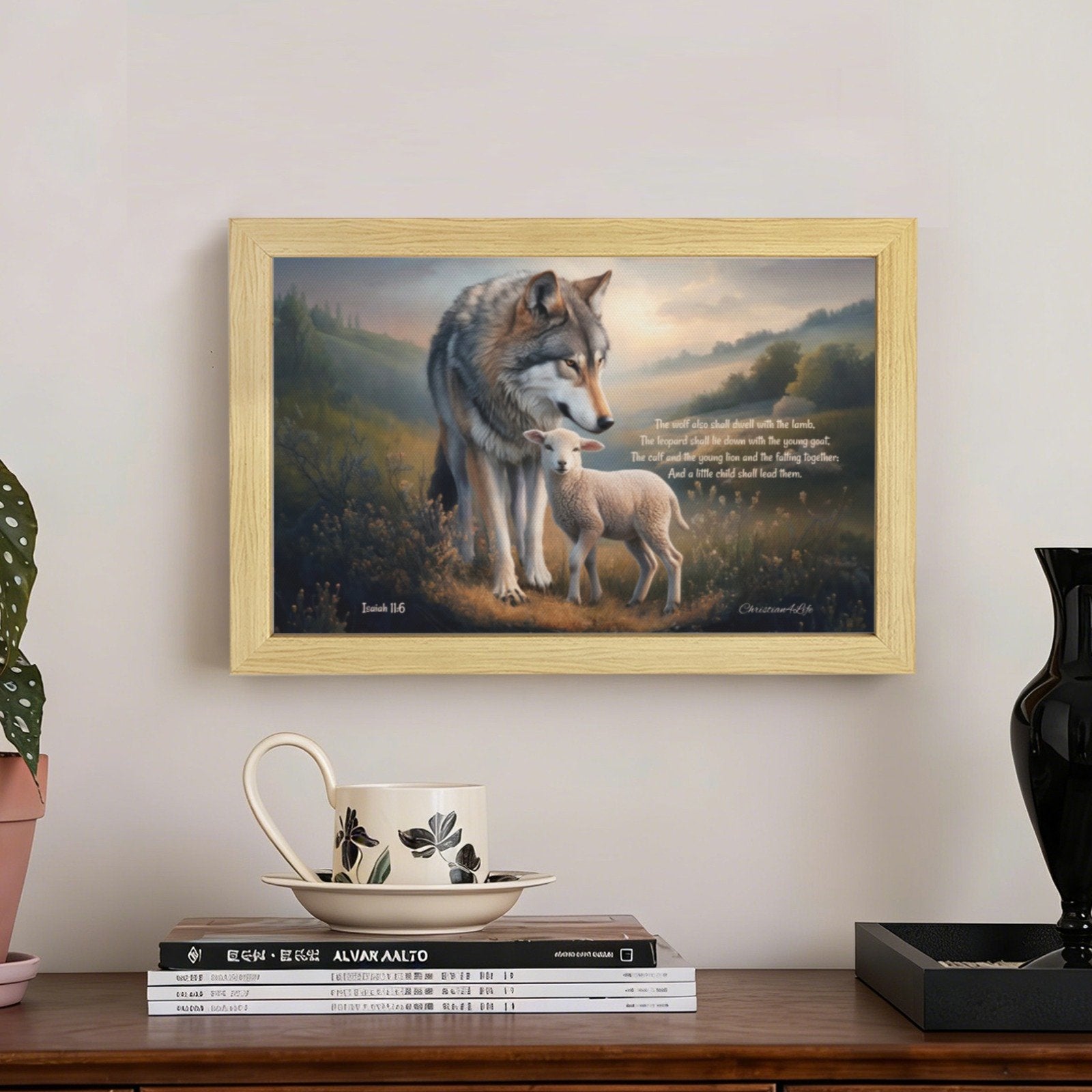 Framed - Wolf and Lamb with Isaiah 11:6 Quote, Christian Canvas, Wooden Frame