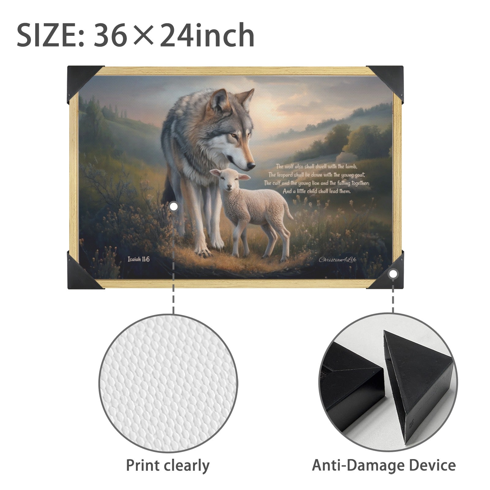 Framed - Wolf and Lamb with Isaiah 11:6 Quote, Christian Canvas, Wooden Frame