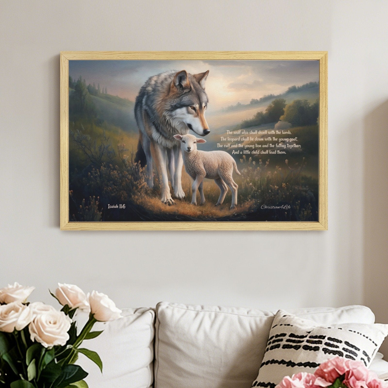 Framed - Wolf and Lamb with Isaiah 11:6 Quote, Christian Canvas, Wooden Frame