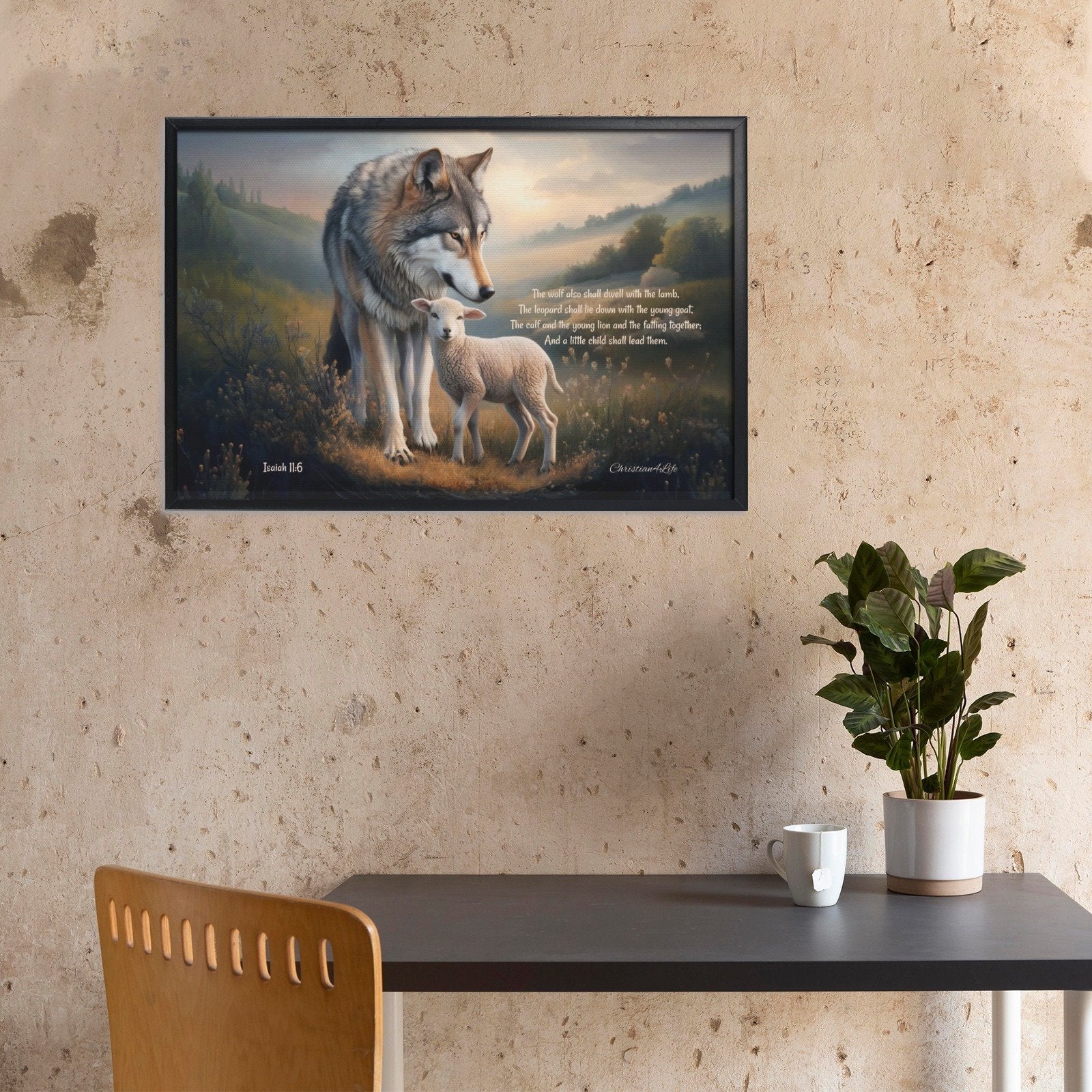Framed - Wolf and Lamb with Isaiah 11:6 Quote, Christian Canvas, Black Frame