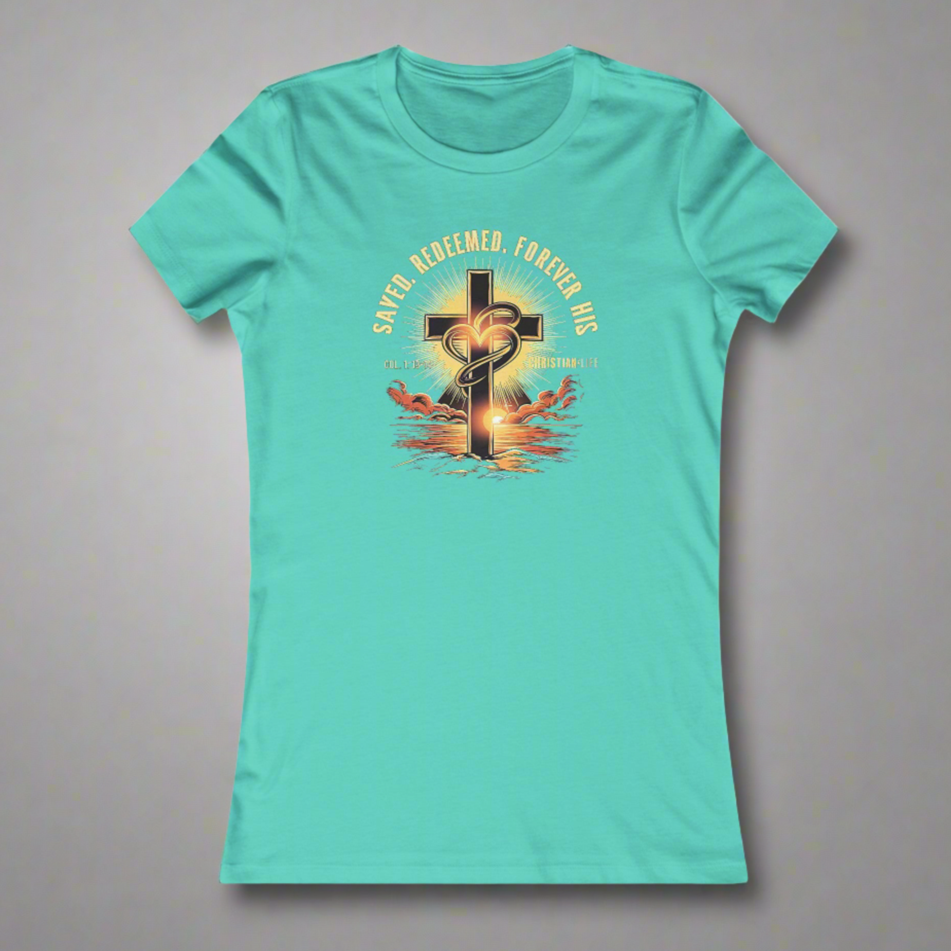 Women's "Saved, Redeemed, Forever His" inspirational style Christian t-shirt