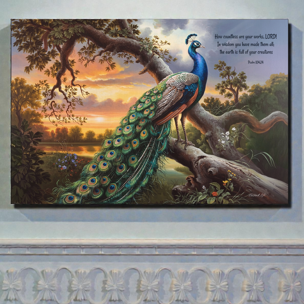 Beautiful Peacock canvas art print - with Psalm 104:24 quote - classic and elegant Peacock art