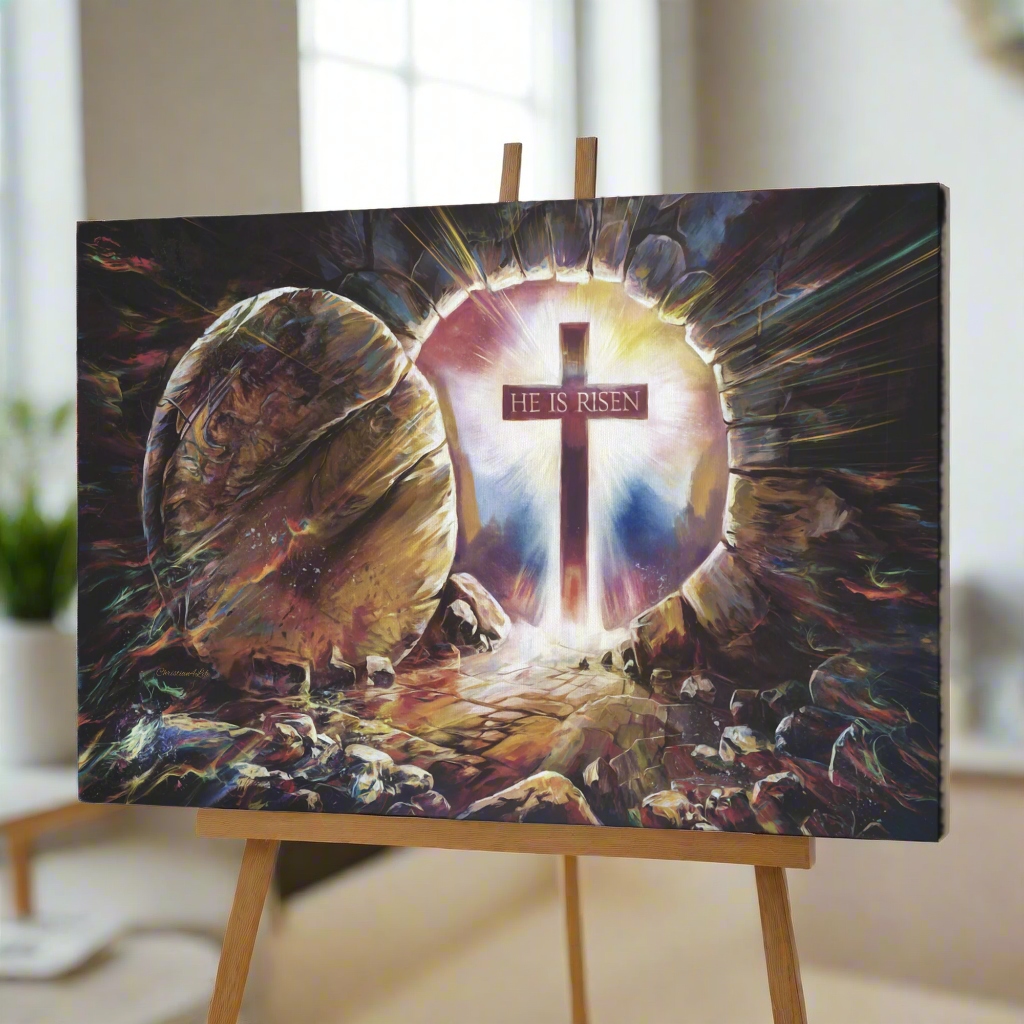 Colorful "He is Risen" Gallery Wrapped Canvas - Jesus Resurrection, Christian Easter Wall Art