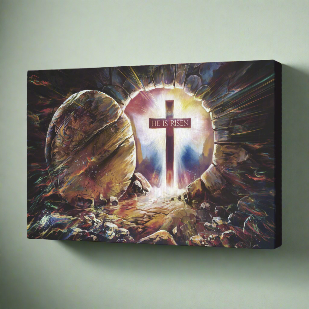 Colorful "He is Risen" Gallery Wrapped Canvas - Jesus Resurrection, Christian Easter Wall Art