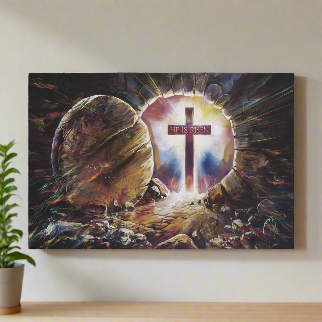 Colorful "He is Risen" Gallery Wrapped Canvas - Jesus Resurrection, Christian Easter Wall Art