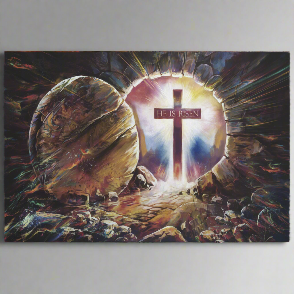 Colorful "He is Risen" Gallery Wrapped Canvas - Jesus Resurrection, Christian Easter Wall Art