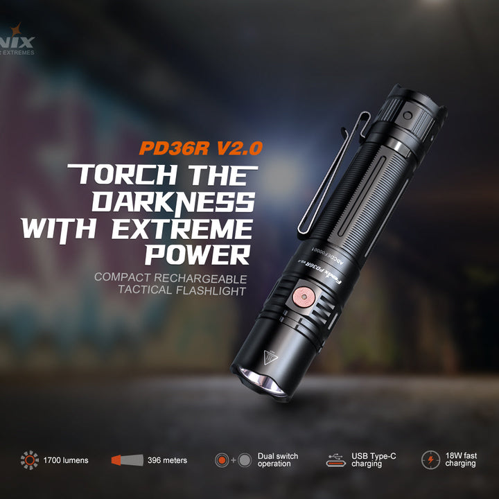 Fenix PD36R V2 Compact Rechargeable Tactical Flashlight - 1700 Lumens