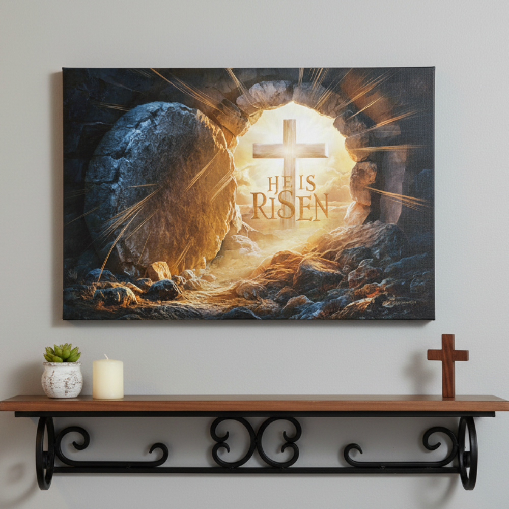 "He is Risen" -Open Tomb and Cross, Christian Gallery Wrapped Canvas, Easter Wall Art
