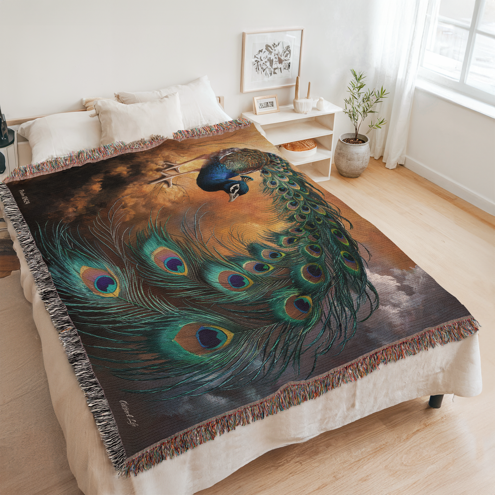 Peacock Heirloom Woven Blanket - Tapestry Decorative art print - a vibrant and elegant statement Peacock art piece