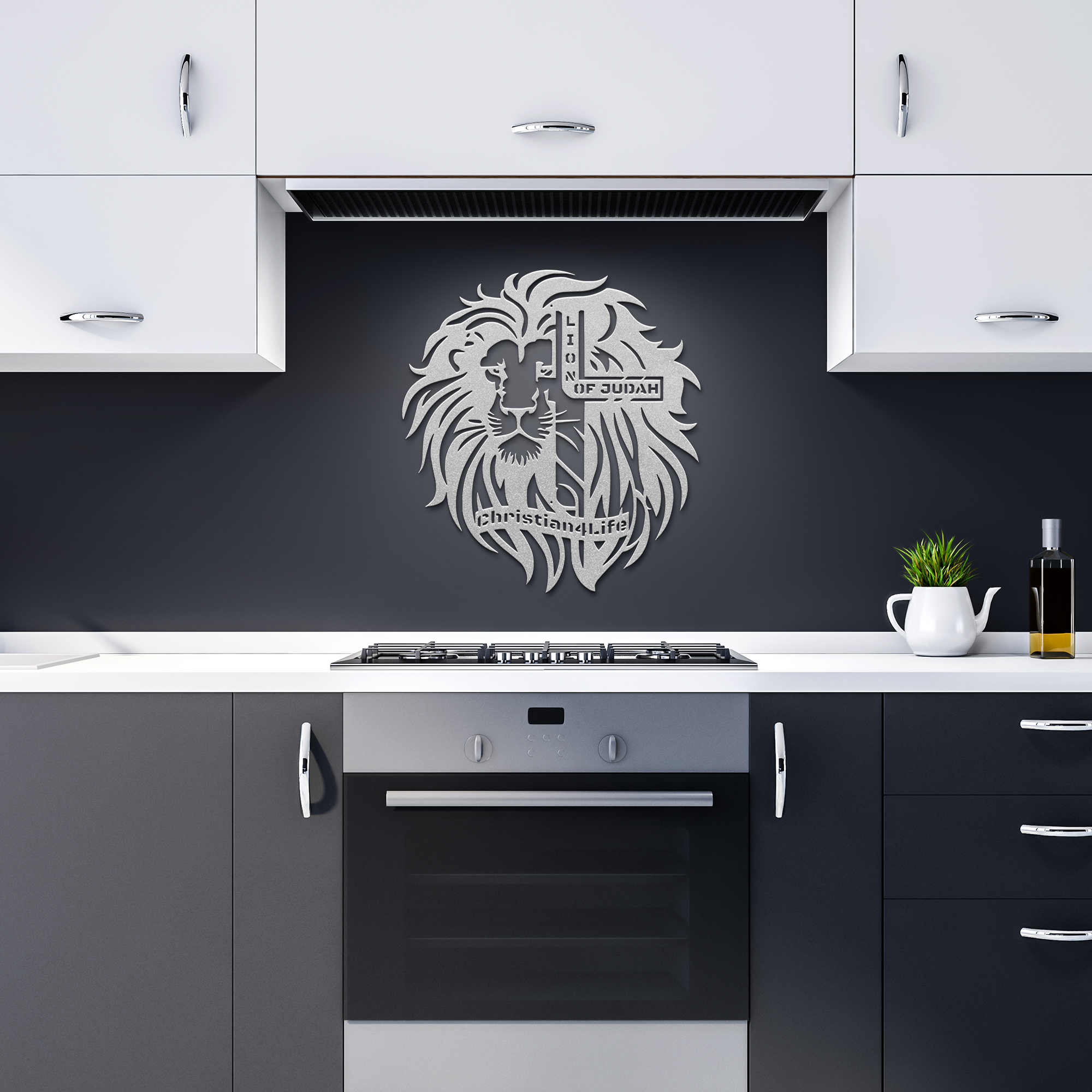 Lion of Judah, - Lion and Cross Christian die-cut metal sign, Christian Metal Sign, Christian Wall Art (red and silver)