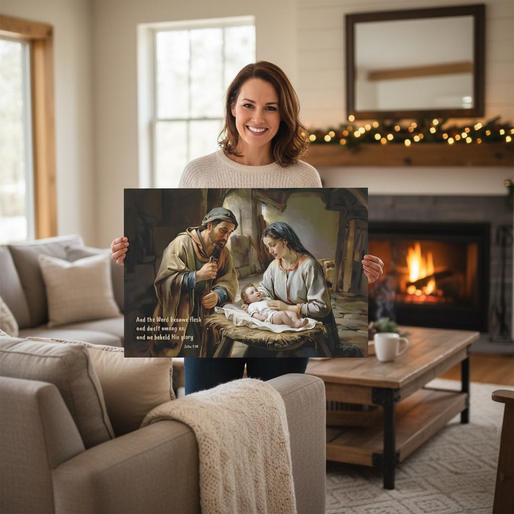 Nativity scene of Baby Jesus, Mary, and Joseph in a stable, with John 1:14 quote - Christian Art Canvas