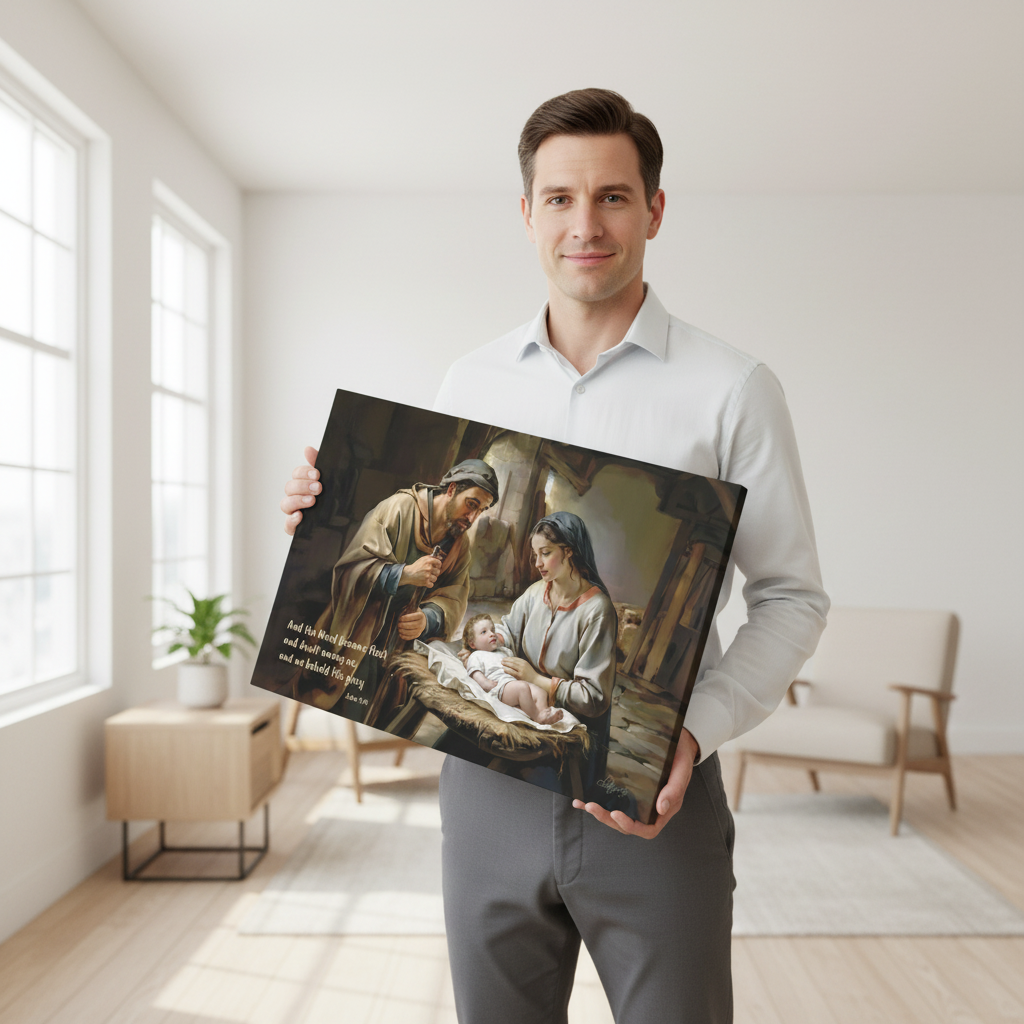 Nativity scene of Baby Jesus, Mary, and Joseph in a stable, with John 1:14 quote - Christian Art Canvas