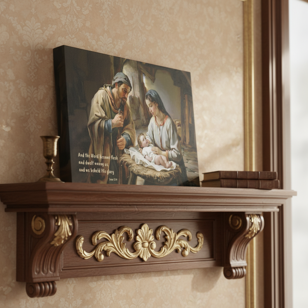 Nativity scene of Baby Jesus, Mary, and Joseph in a stable, with John 1:14 quote - Christian Art Canvas