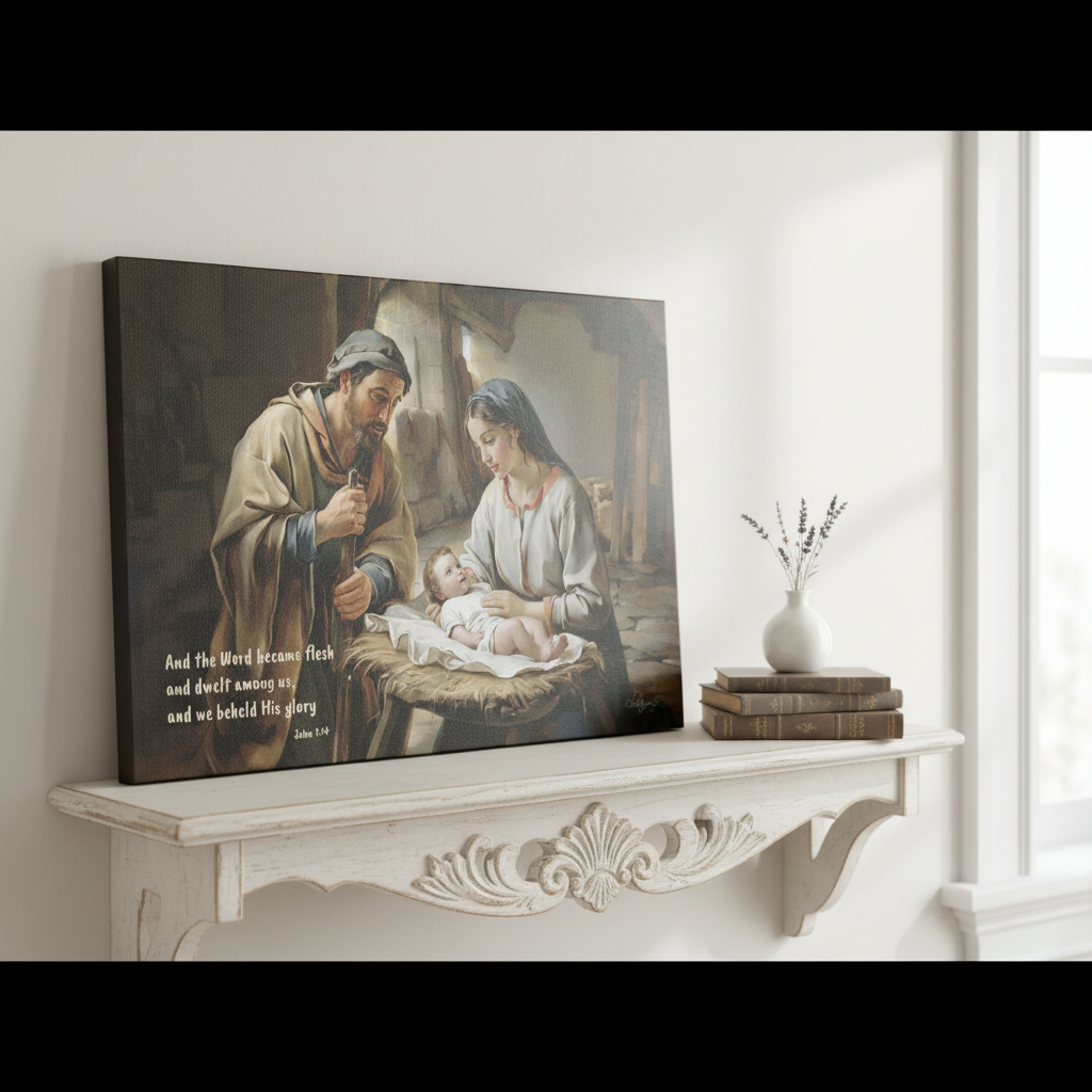 Nativity scene of Baby Jesus, Mary, and Joseph in a stable, with John 1:14 quote - Christian Art Canvas