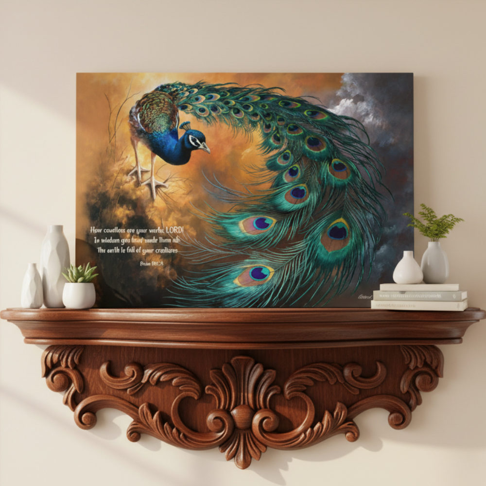 Peacock canvas art print - with Psalm 104:24 Bible Quote, Christian art celebrating God's creative power