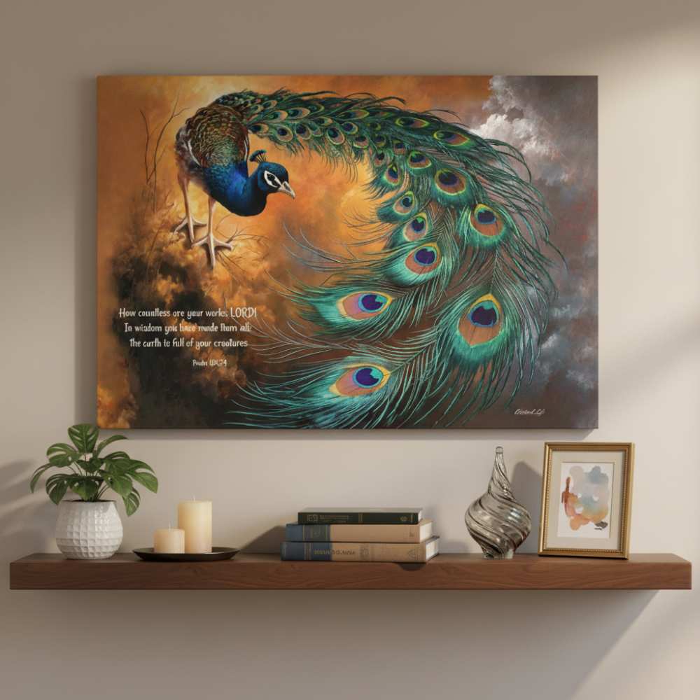 Peacock canvas art print - with Psalm 104:24 Bible Quote, Christian art celebrating God's creative power