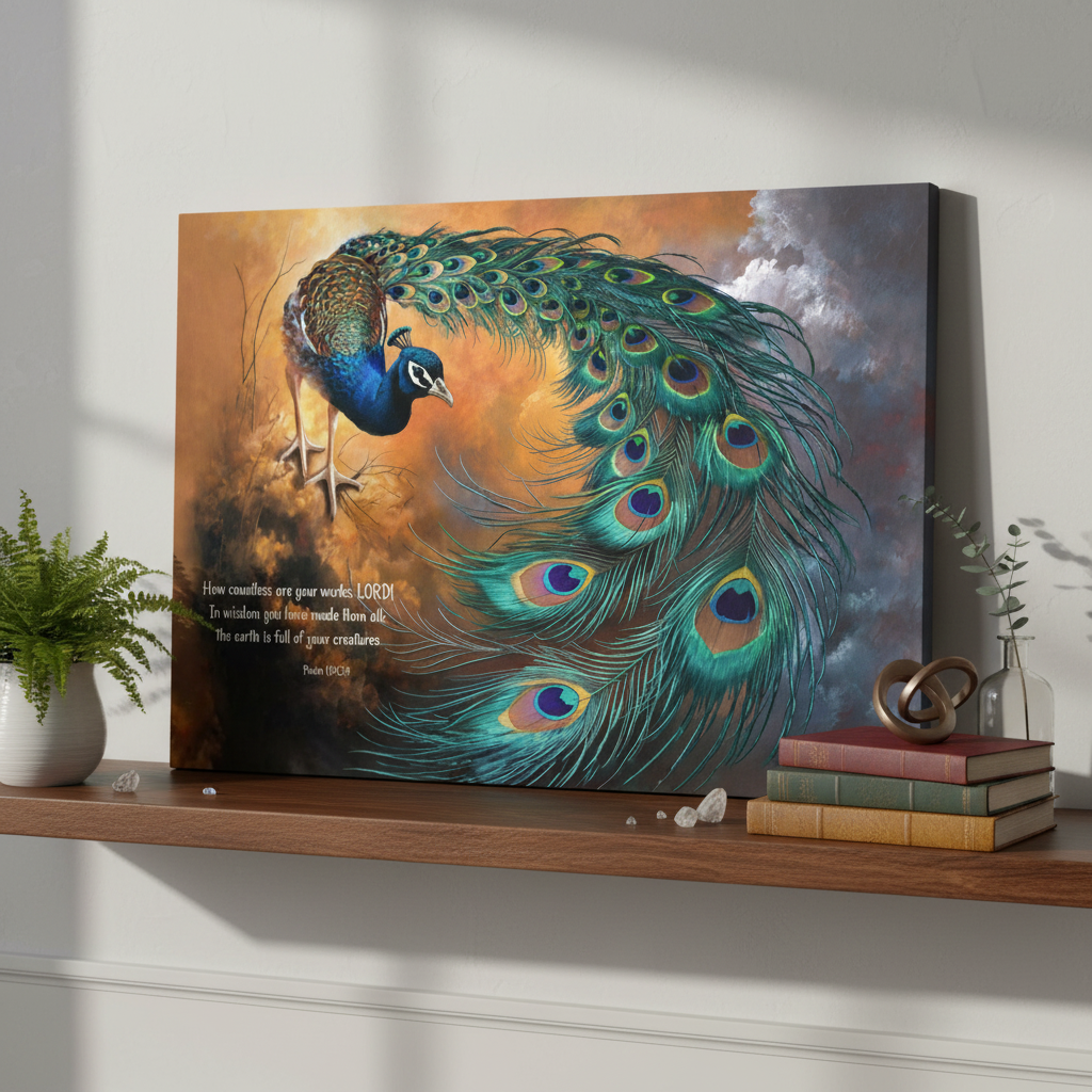 Peacock canvas art print - with Psalm 104:24 Bible Quote, Christian art celebrating God's creative power