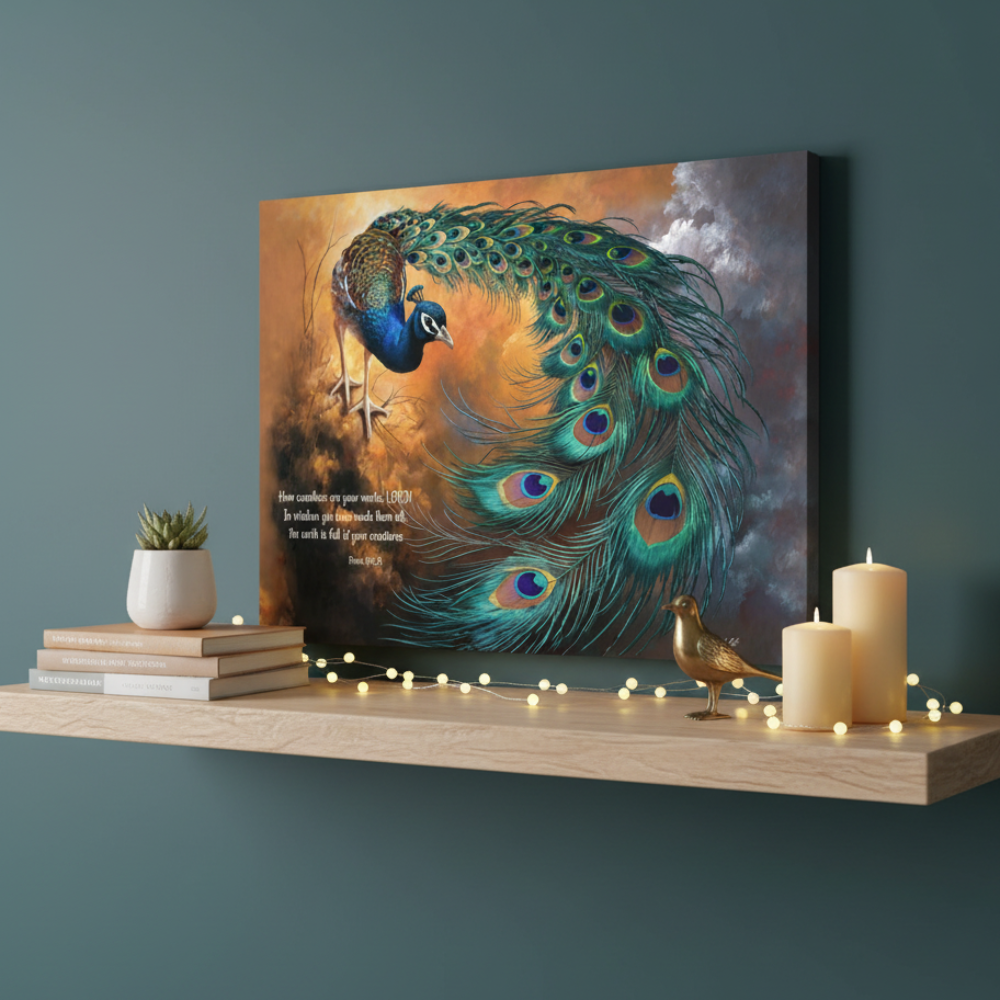 Peacock canvas art print - with Psalm 104:24 Bible Quote, Christian art celebrating God's creative power