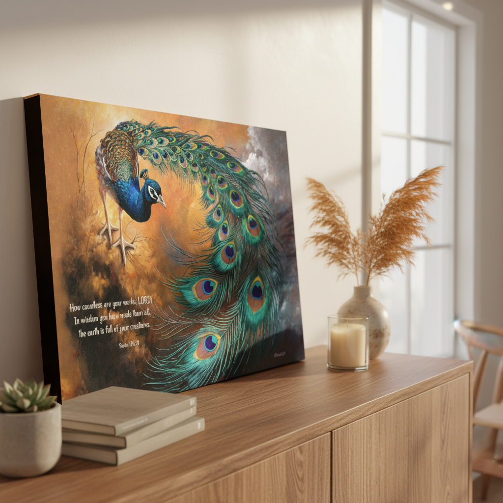 Peacock canvas art print - with Psalm 104:24 Bible Quote, Christian art celebrating God's creative power