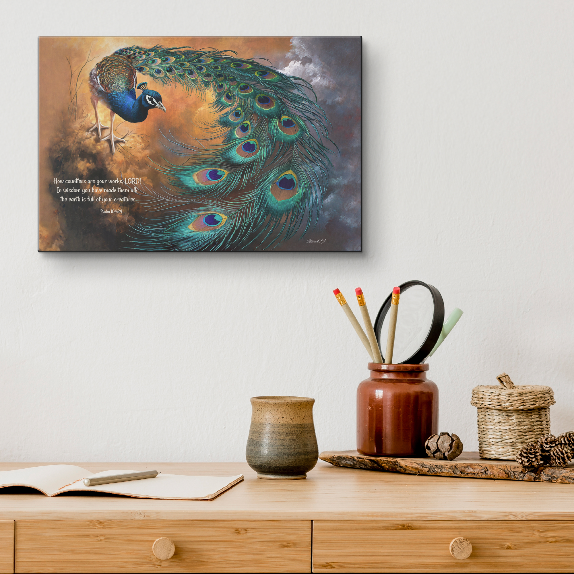 Peacock canvas art print - with Psalm 104:24 Bible Quote, Christian art celebrating God's creative power