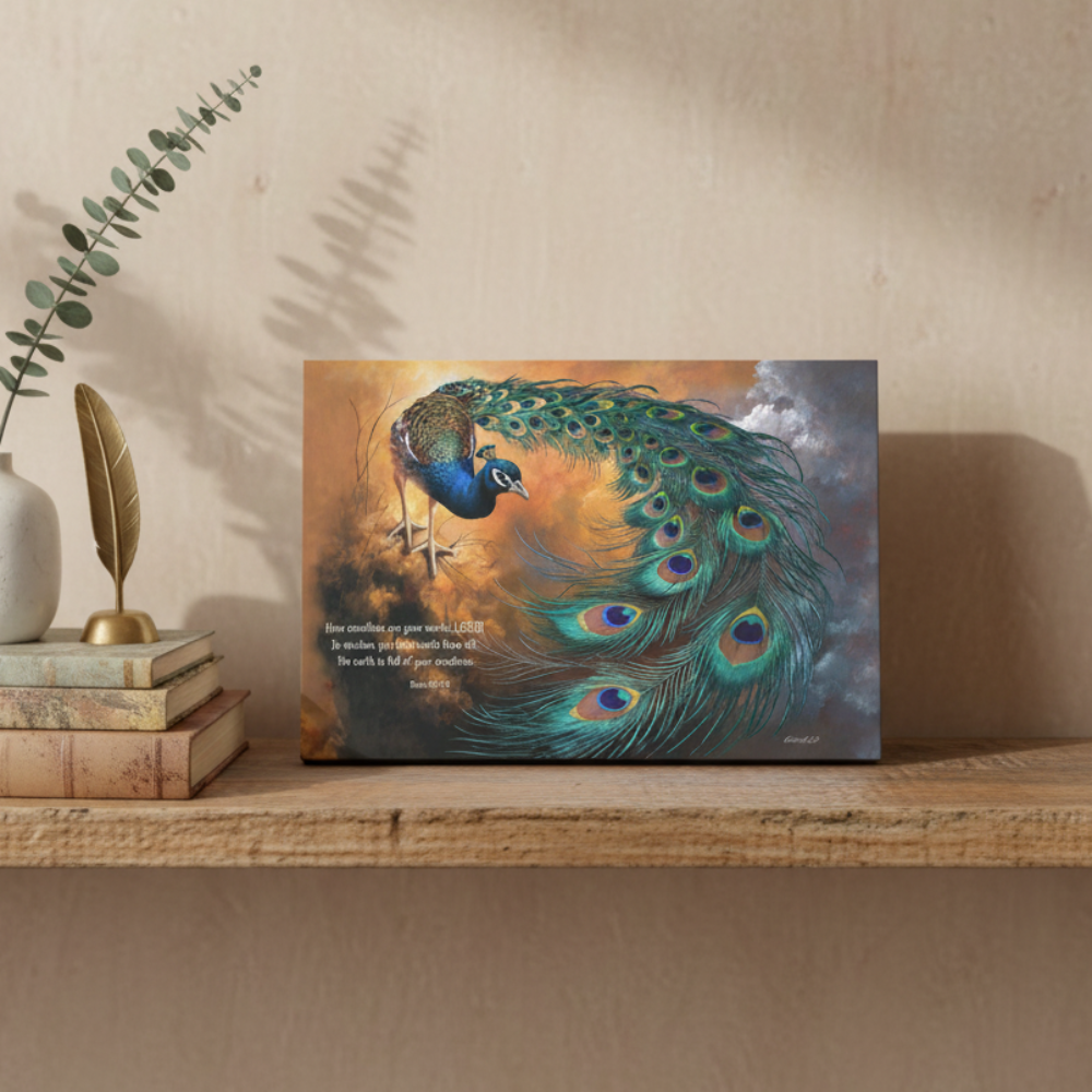 Peacock canvas art print - with Psalm 104:24 Bible Quote, Christian art celebrating God's creative power