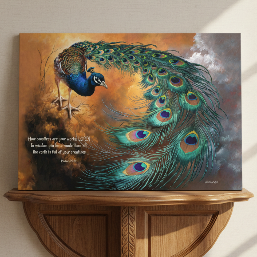 Peacock canvas art print - with Psalm 104:24 Bible Quote, Christian art celebrating God's creative power