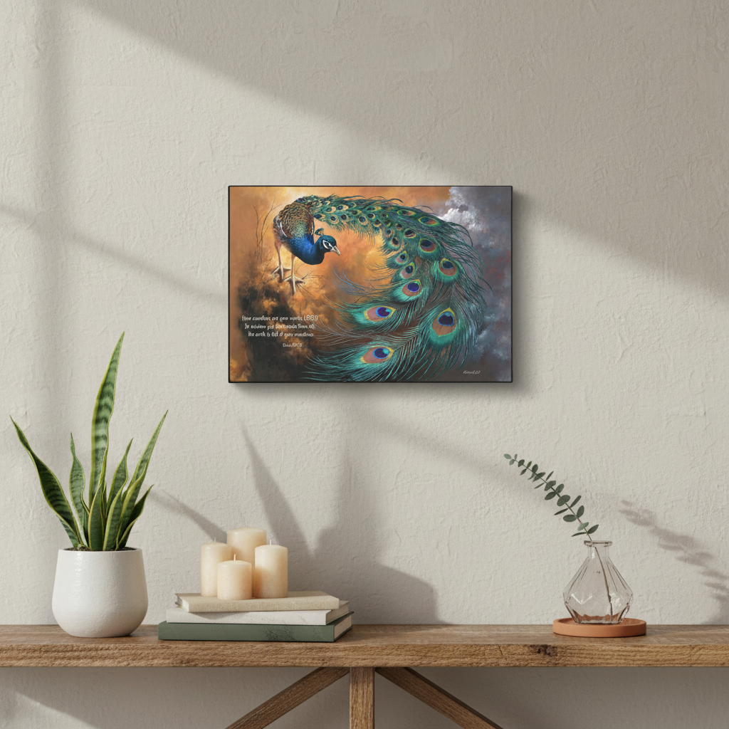 Peacock canvas art print - with Psalm 104:24 Bible Quote, Christian art celebrating God's creative power