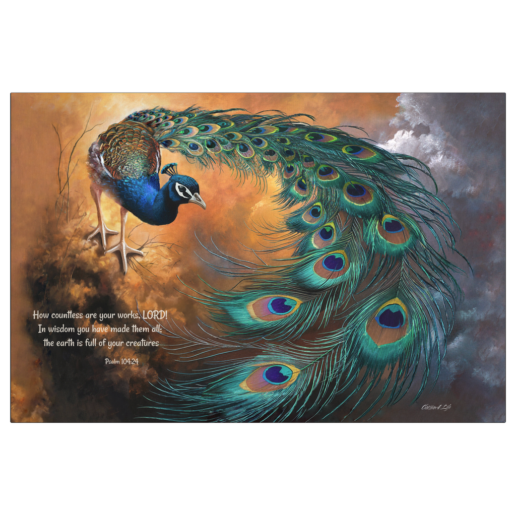 Peacock canvas art print - with Psalm 104:24 Bible Quote, Christian art celebrating God's creative power