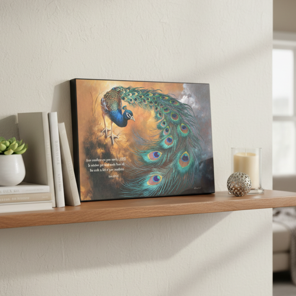 Peacock canvas art print - with Psalm 104:24 Bible Quote, Christian art celebrating God's creative power