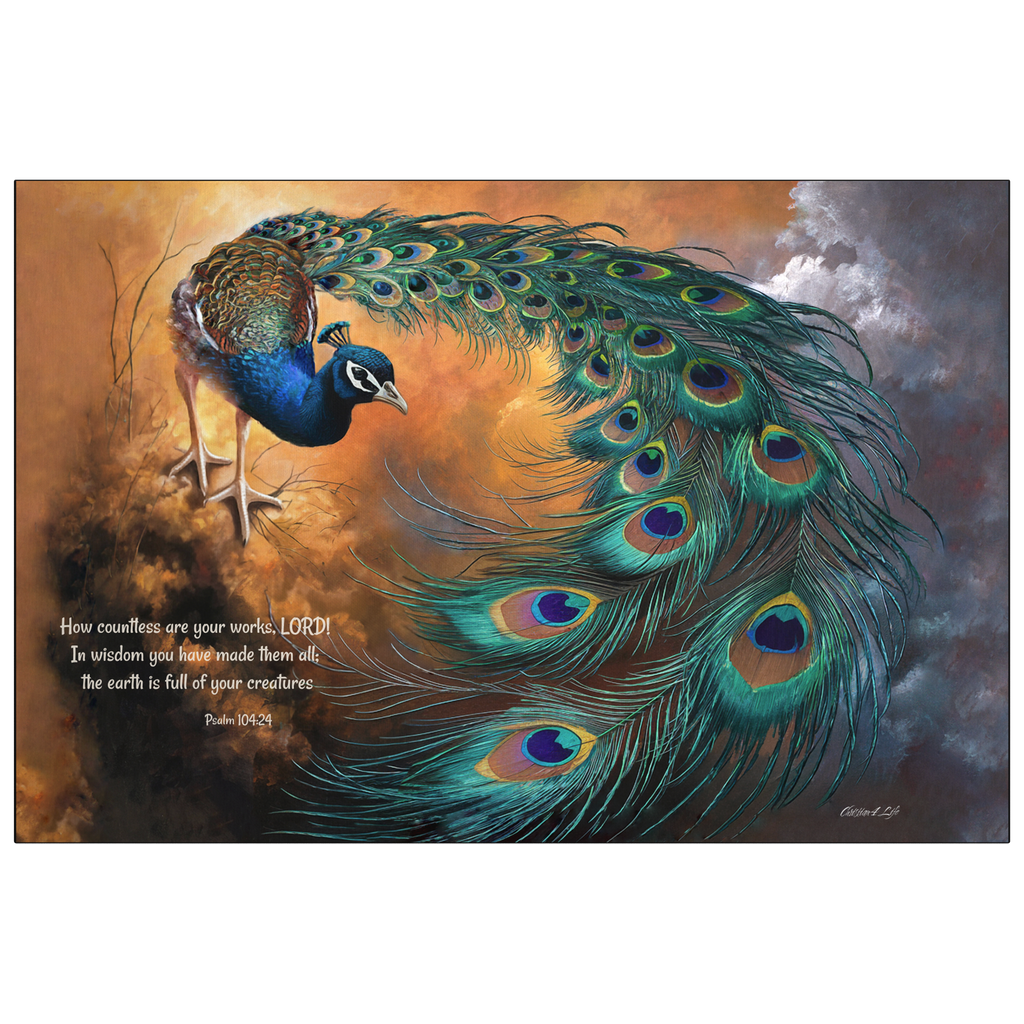 Peacock canvas art print - with Psalm 104:24 Bible Quote, Christian art celebrating God's creative power