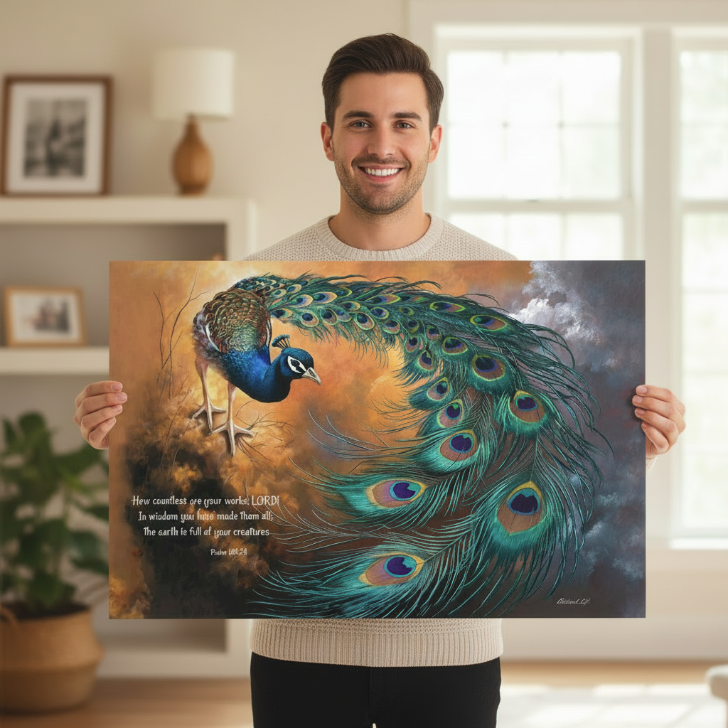 Peacock canvas art print - with Psalm 104:24 Bible Quote, Christian art celebrating God's creative power