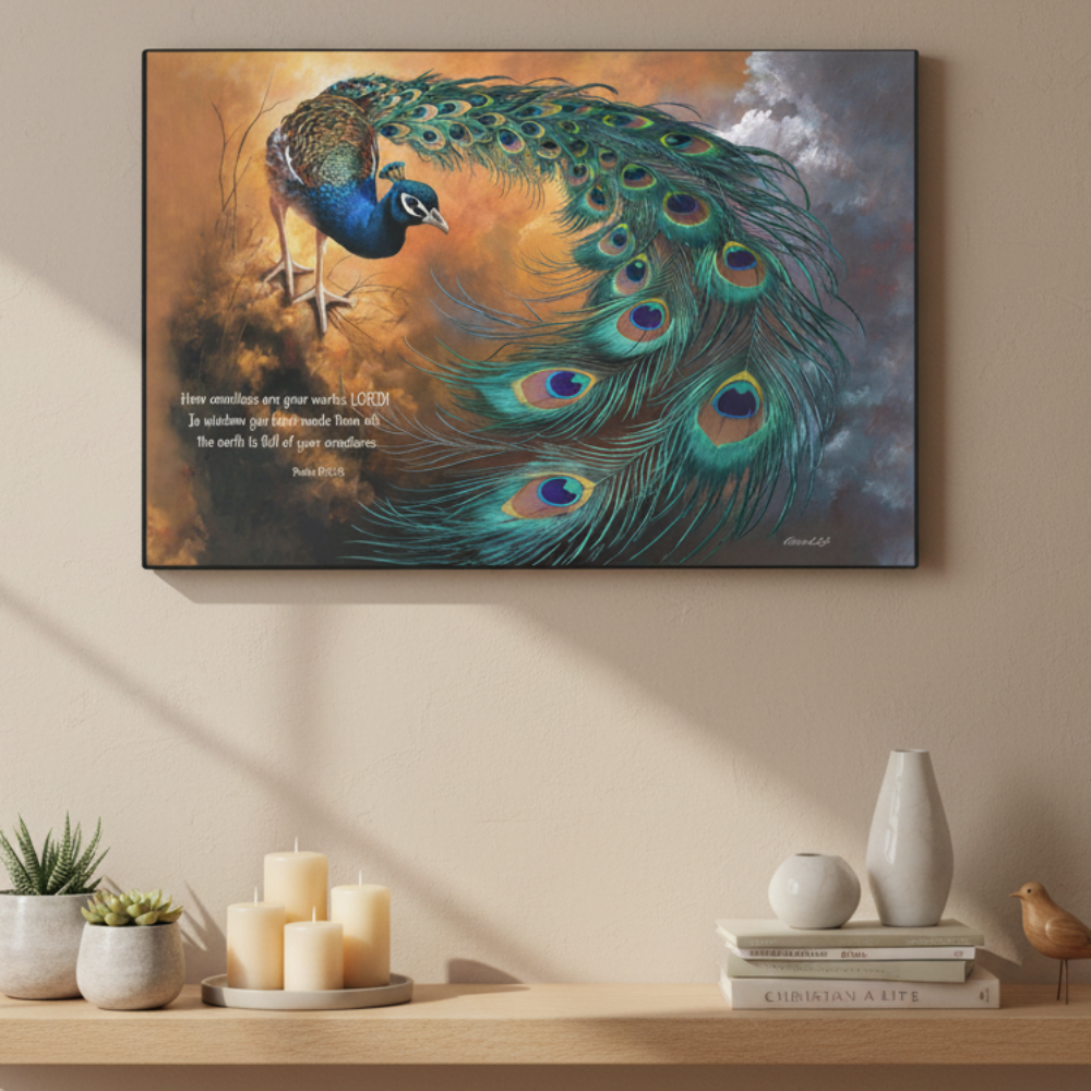 Peacock canvas art print - with Psalm 104:24 Bible Quote, Christian art celebrating God's creative power
