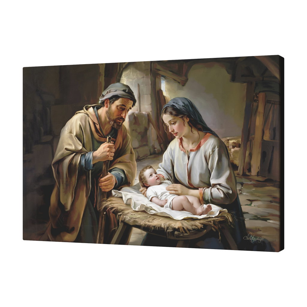 The Nativity scene of Baby Jesus, Mary and Joseph in a stable - Christian Art Canvas