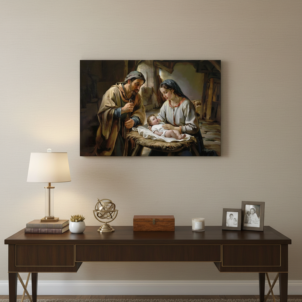 The Nativity scene of Baby Jesus, Mary and Joseph in a stable - Christian Art Canvas