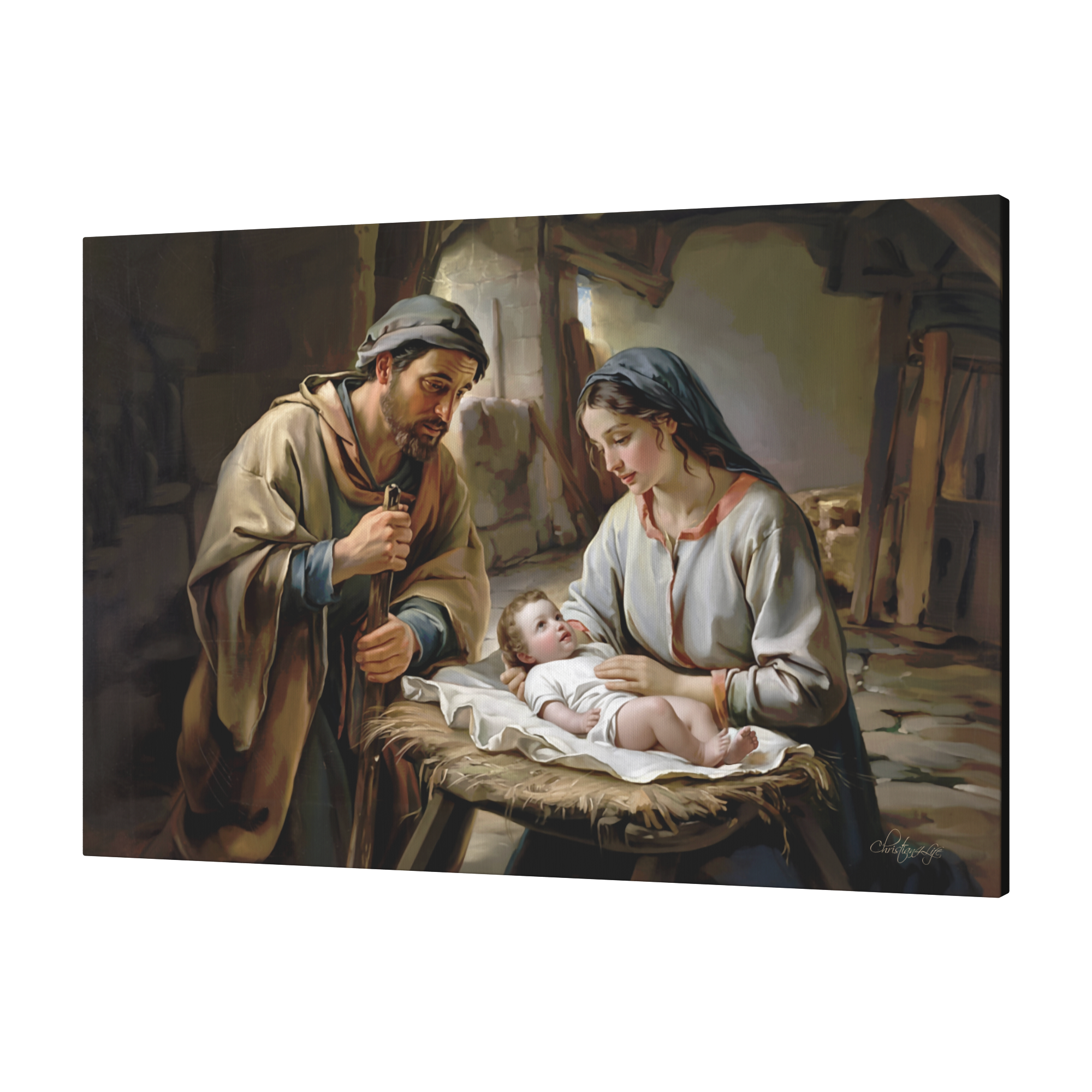 The Nativity scene of Baby Jesus, Mary and Joseph in a stable - Christian Art Canvas