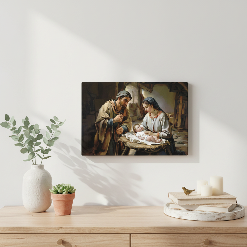 The Nativity scene of Baby Jesus, Mary and Joseph in a stable - Christian Art Canvas