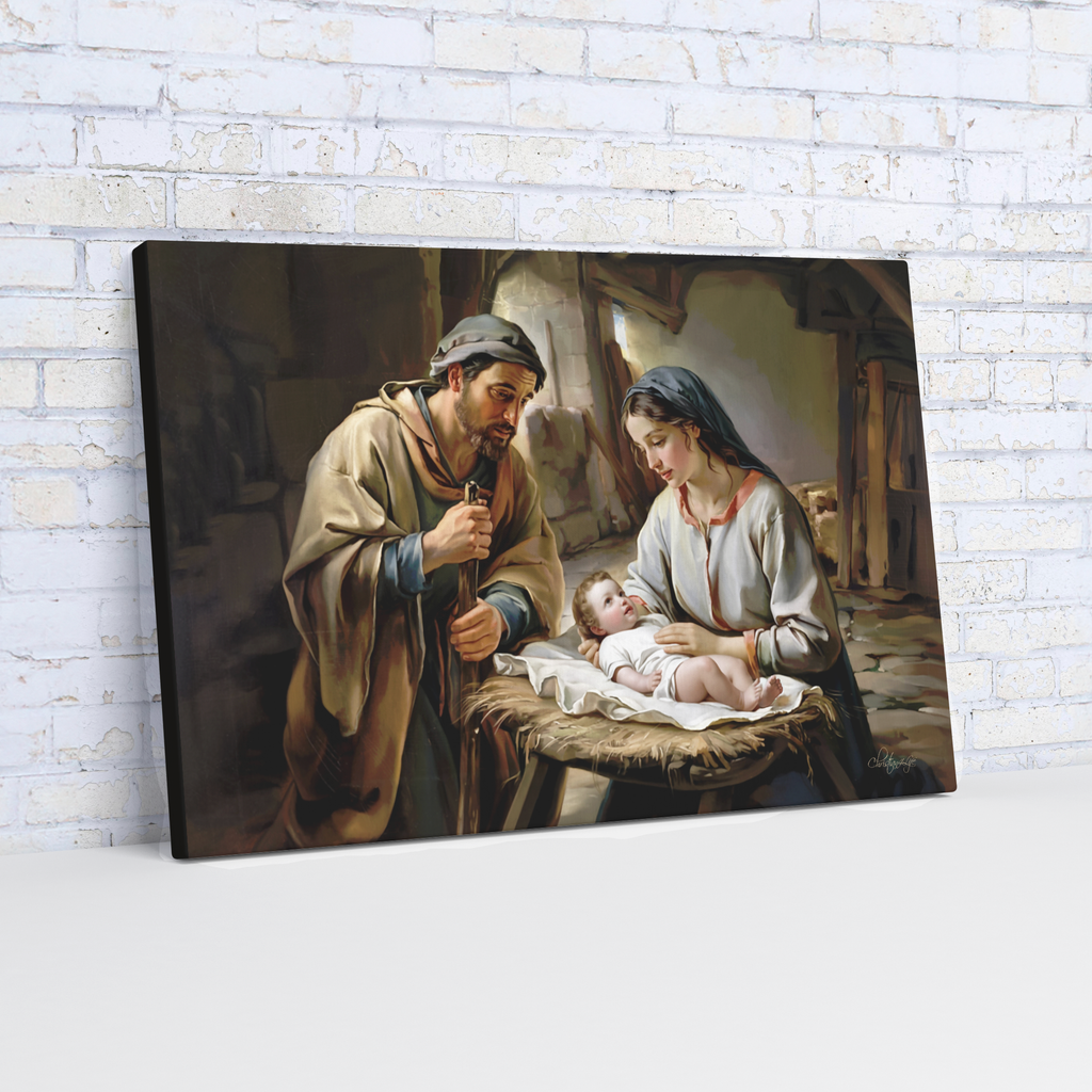 The Nativity scene of Baby Jesus, Mary and Joseph in a stable - Christian Art Canvas