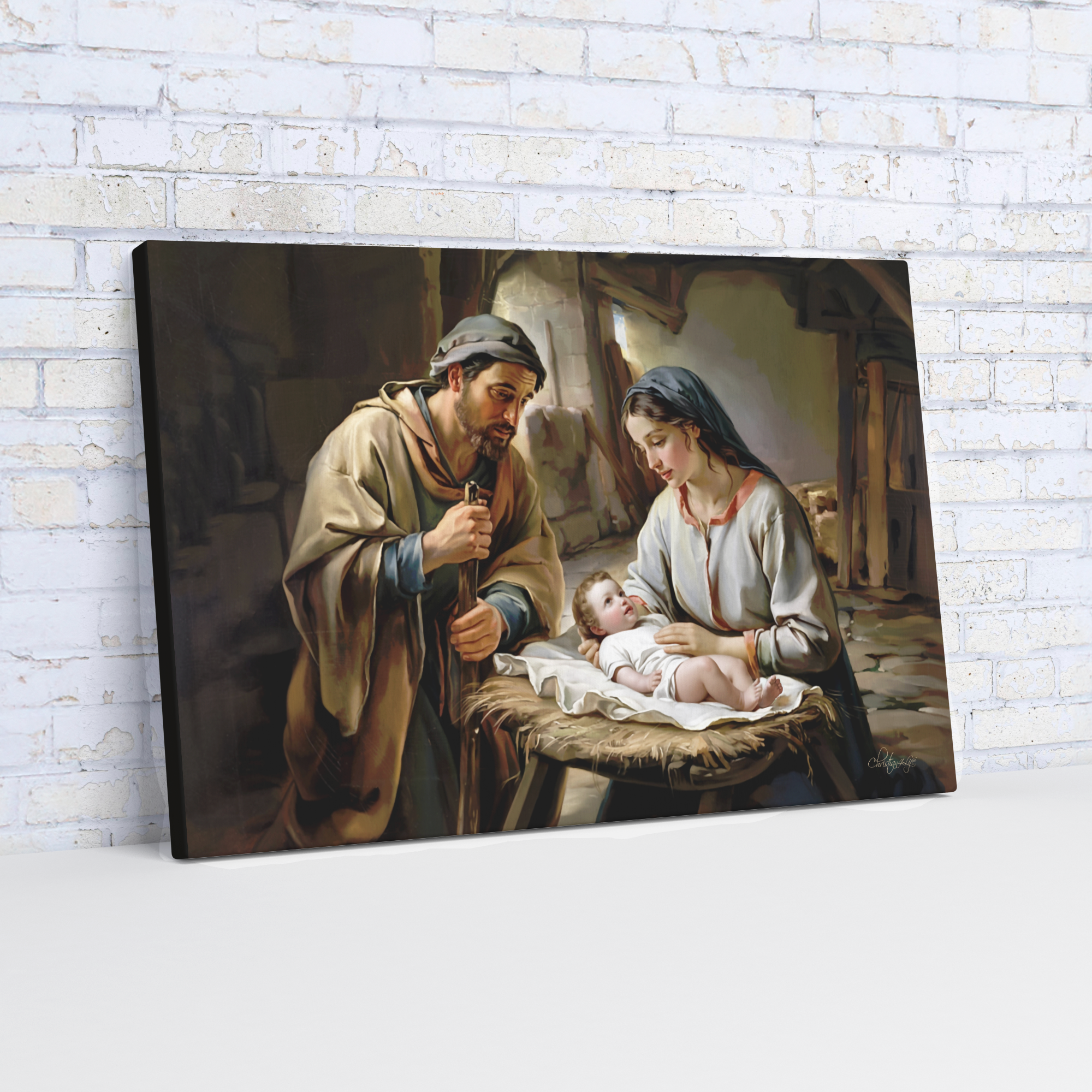 The Nativity scene of Baby Jesus, Mary and Joseph in a stable - Christian Art Canvas