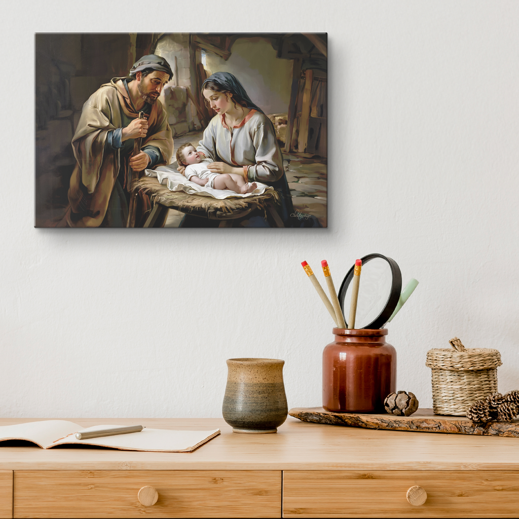 The Nativity scene of Baby Jesus, Mary and Joseph in a stable - Christian Art Canvas
