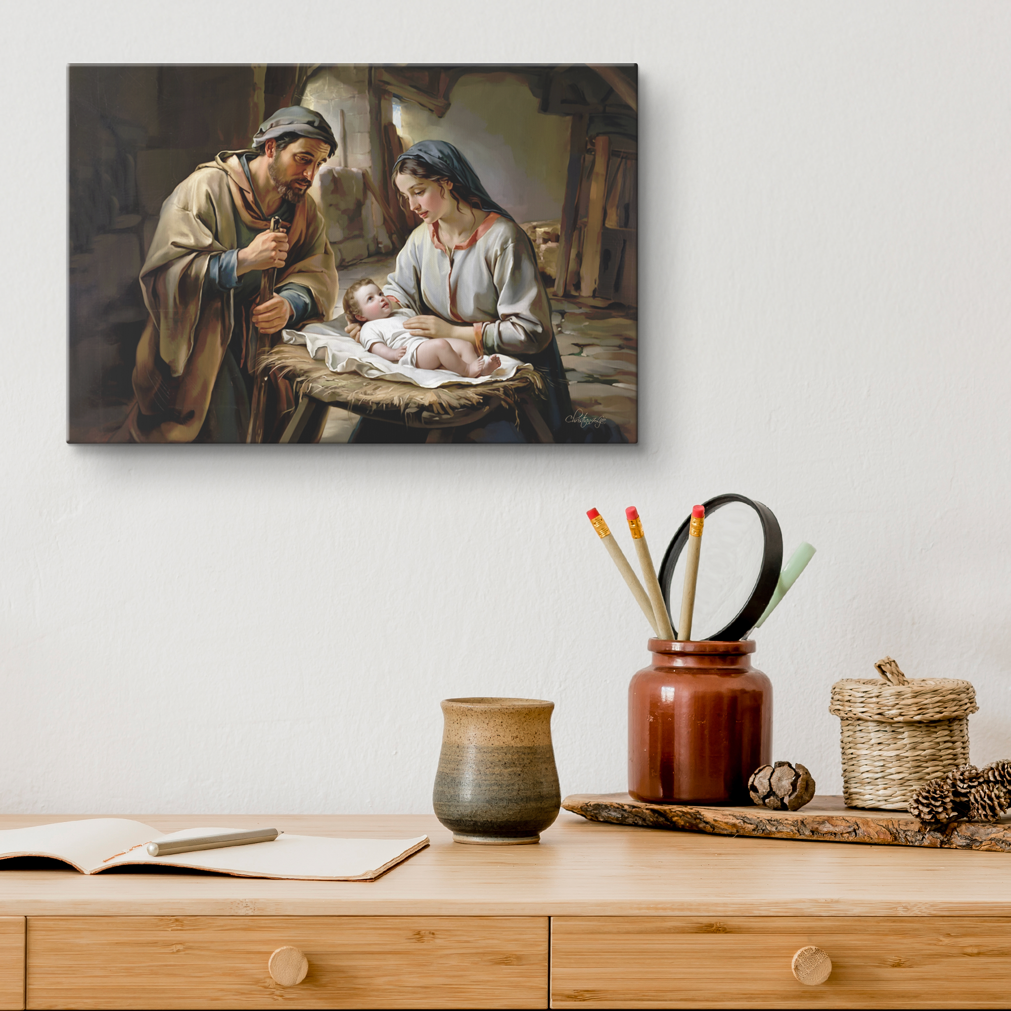 The Nativity scene of Baby Jesus, Mary and Joseph in a stable - Christian Art Canvas