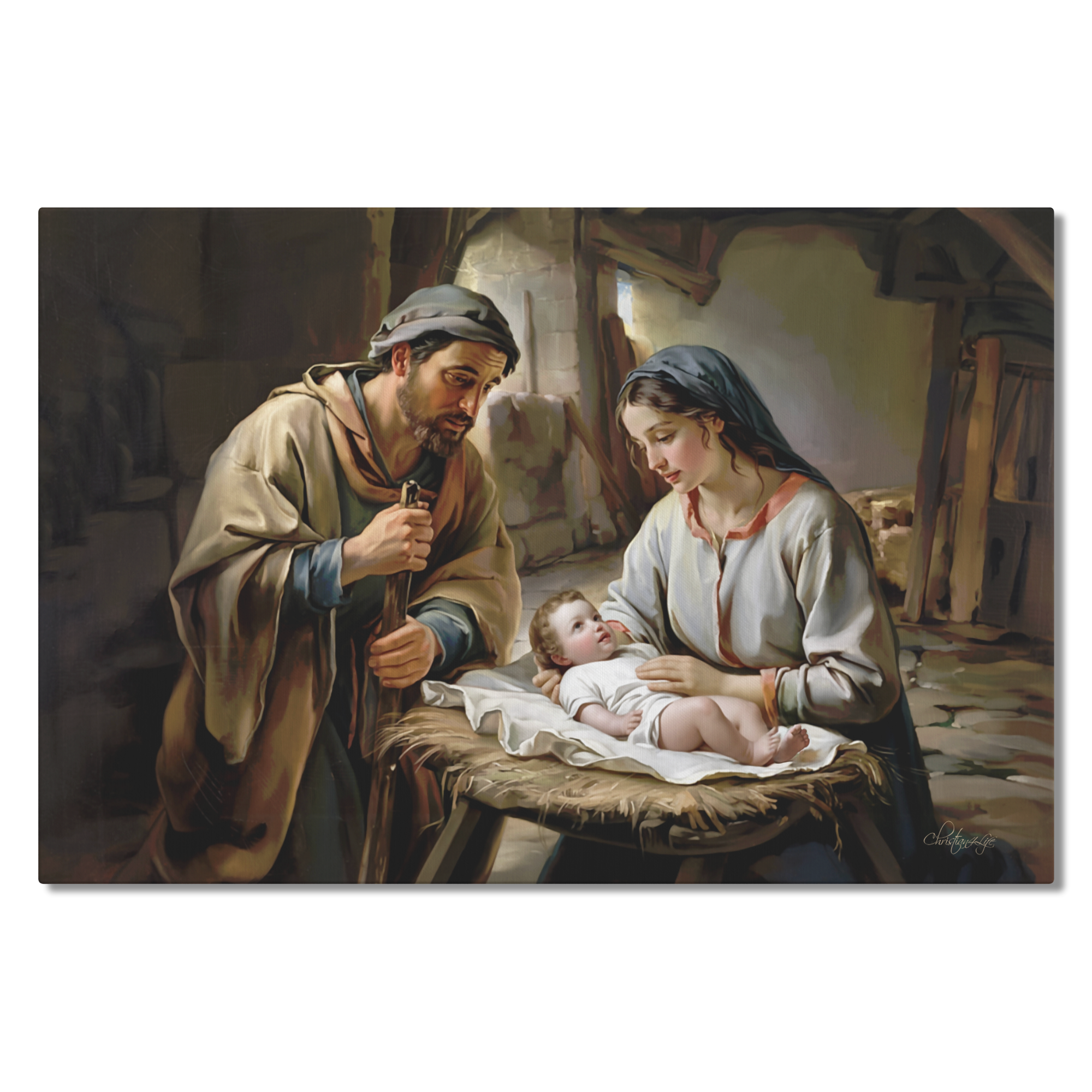 The Nativity scene of Baby Jesus, Mary and Joseph in a stable - Christian Art Canvas