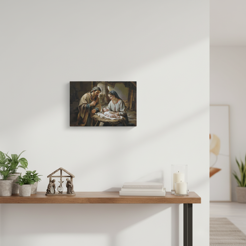 The Nativity scene of Baby Jesus, Mary and Joseph in a stable - Christian Art Canvas