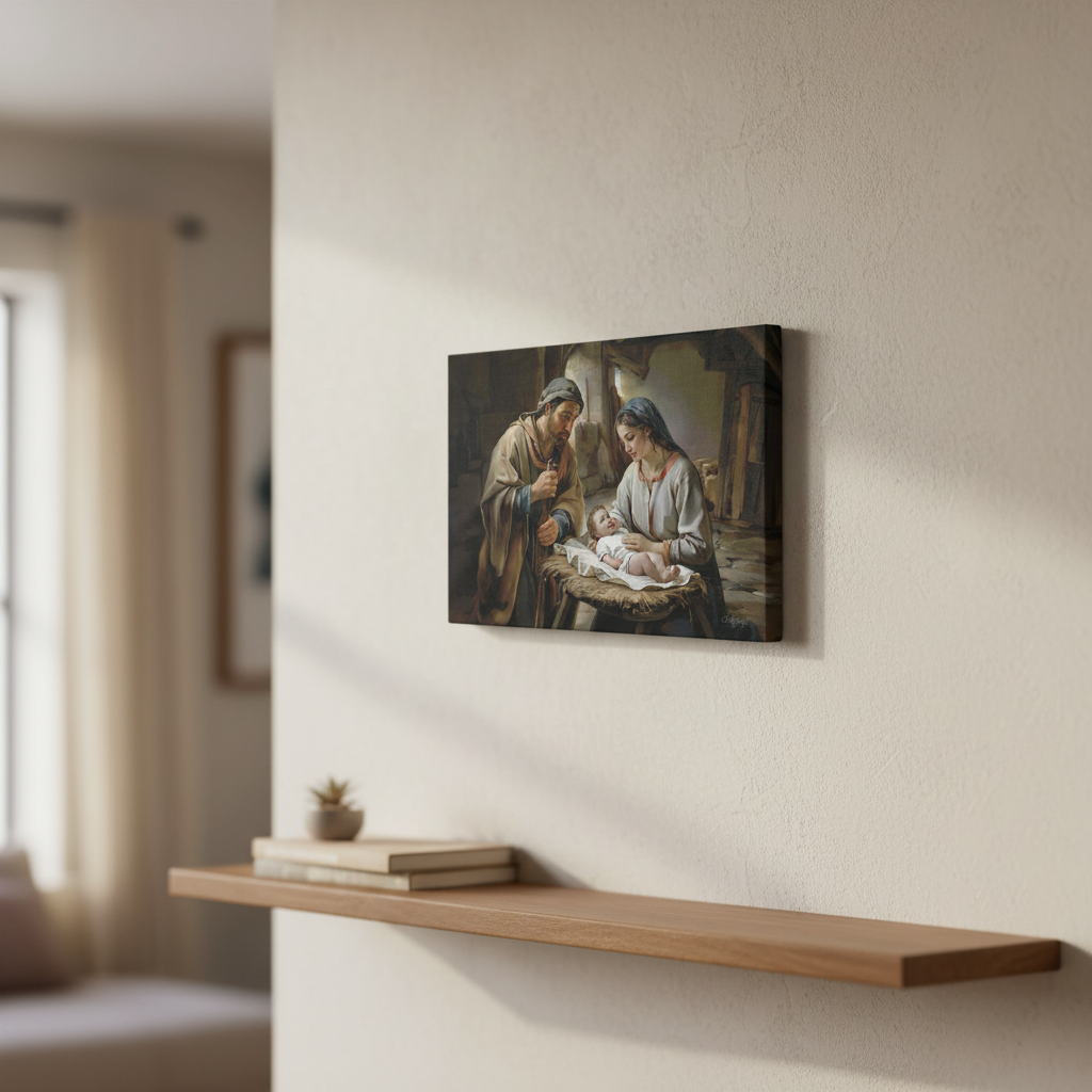 The Nativity scene of Baby Jesus, Mary and Joseph in a stable - Christian Art Canvas